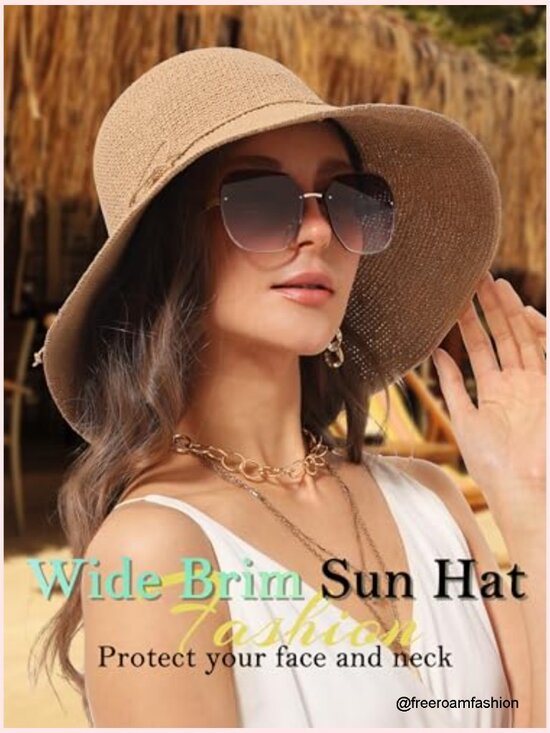 Straw Bucket Sun Hat Wide Brim Packable UV Protection UPF 50+ Travel Beach main image 6